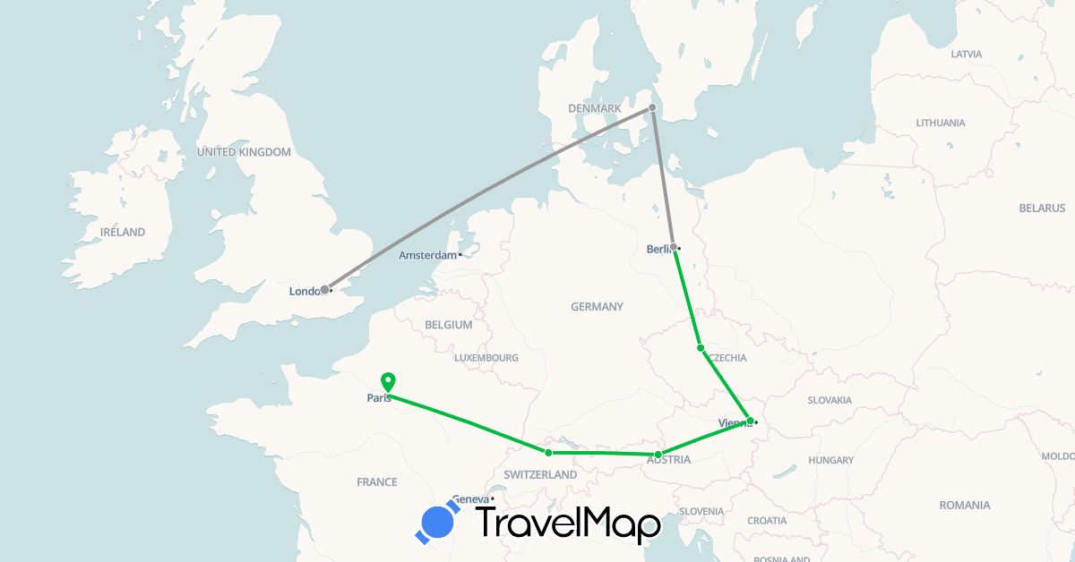 TravelMap itinerary: driving, bus, plane in Austria, Switzerland, Czech Republic, Germany, Denmark, France, United Kingdom (Europe)